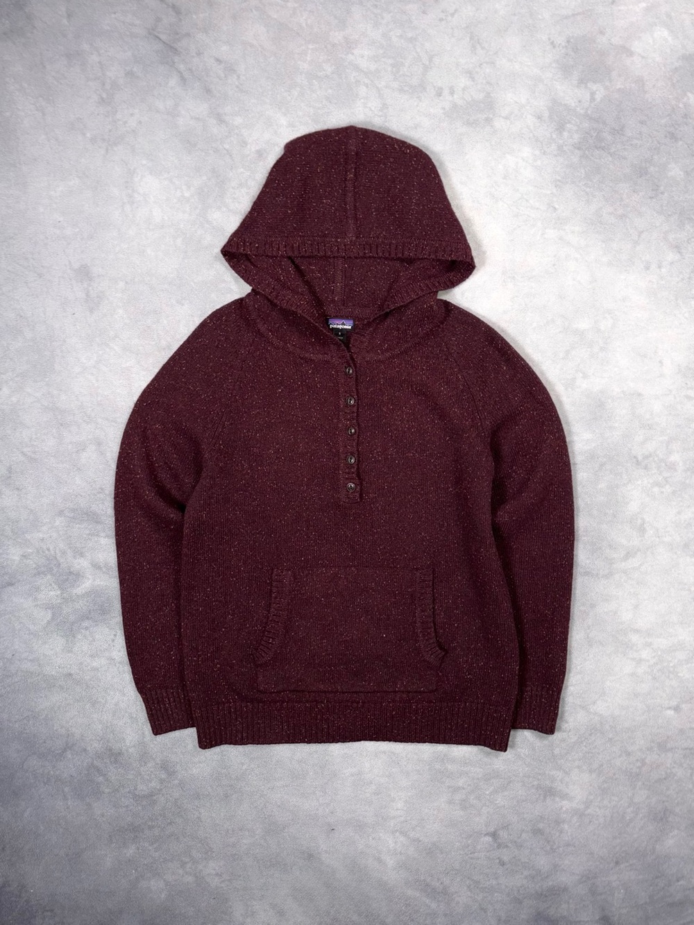 Patagonia Burgundy Marled Knit Hooded Henley Sweater Button Neck Pullover